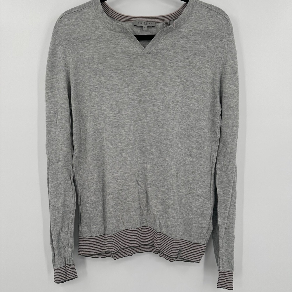 Ted‎ Baker London Womens Grey Cotton Notched Neck Striped Trim Sweater Size 3